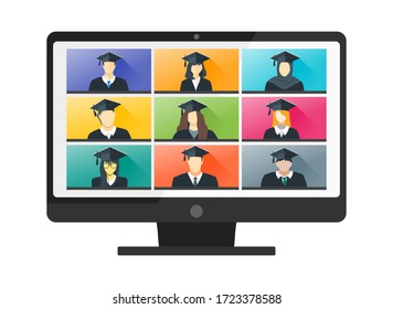 Online Virtual Graduation Video Web Conference Teleconference in PC. College University or High School Student Commencement Ceremony with Gown & Hat from home. Flatten the Curve COVID-19 Pandemic