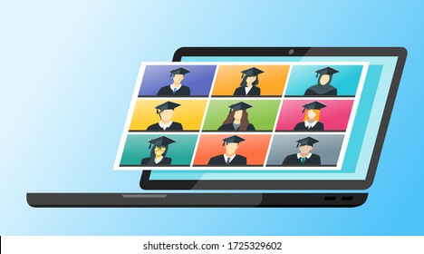 Online Virtual Graduation Video Web Conference Teleconference in Laptop. College University or High School Student Commencement Ceremony with Gown & Hat from home. Flatten the Curve COVID-19 Pandemic