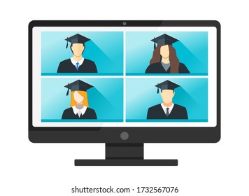 Online Virtual Graduation Video Web Conference Teleconference in PC. College University or High School Student Commencement Ceremony with Gown & Hat from home. Flatten the Curve COVID-19 Pandemic