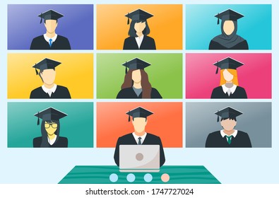 Online Virtual Graduation Video Web Conference Teleconference from Home. College University or High School Student Commencement Ceremony with Gown & Hat from home. Flatten the Curve COVID-19 Pandemic