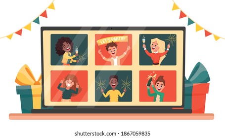 Online virtual house party. Diverse people dancing and chatting celebrating the holiday on via video call. Friends meeting up online. Vector cartoon flat illustration 