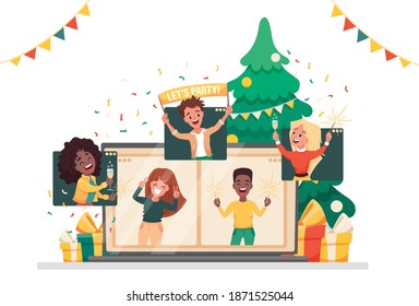 Online virtual house party. People meeting online together with family or friends celebrating safe New Year or Merry Christmas via video call. Vector cartoon flat illustration 