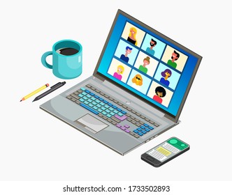 Online Virtual Meetings, Work from Home. Distance Learning. Teleconference Web Video Conference Call During Coronavirus COVID-19. Vector Illustration. 