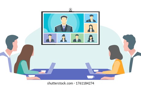 Online Virtual Remote Meetings in Office, TV Video Web Conference Teleconference. Company CEO President Executive Manager Boss Employee Team Work Learn From Home WFH Live Stream Webinars