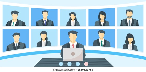 Online Virtual Remote Meetings, TV Video Web Conference Teleconference. Company CEO President Executive Manager Boss and Employee Team Work From Home WFH During Lockdown Self Quarantine or Isolation