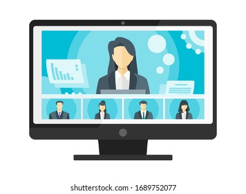 Online Virtual Remote Meetings, TV Video Web Conference Teleconference. Company CEO President Executive Manager Boss & Employee Team Work From Home WFH Cloud Live Stream Study Learn Webinars Collab 