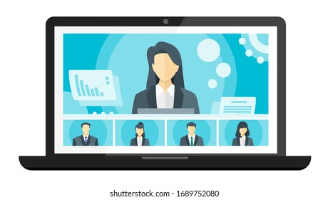 Online Virtual Remote Meetings, TV Video Web Conference Teleconference. Company CEO President Executive Manager Boss & Employee Team Work From Home WFH Cloud Live Stream Study Learn Webinars Collab 