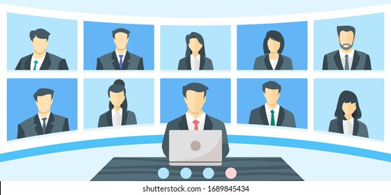 Online Virtual Remote Meetings, TV Video Web Conference Teleconference. Company CEO President Executive Manager Boss and Employee Team Work From Home WFH During Lockdown Self Quarantine or Isolation