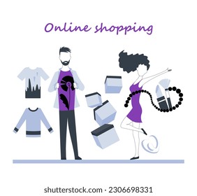 Online virtual shopping ecommerce customer service concept. Vector shopping poster with boy and girl on virtual store.