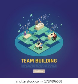 Online Virtual Team Building Isometric Background With Set Of Platforms With Working People And Clickable Button Vector Illustration