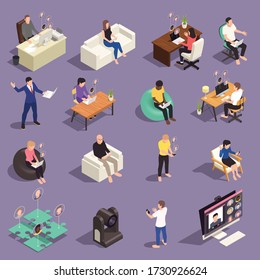 Online Virtual Team Building Isometric Set Of Isolated Icons Pictograms And Human Characters Of Remote Workers Vector Illustration