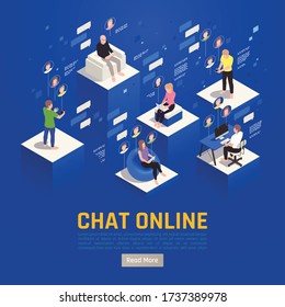 Online Virtual Team Building Isometric Background With Editable Text Read More Button And People With Pictograms Vector Illustration