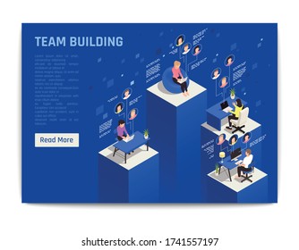 Online Virtual Team Building Isometric Background With Remote Working People Surfing Web With Text And Button Vector Illustration