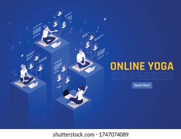 Online Virtual Team Building Isometric Background With Meditating Human Characters Editable Text And Read More Button Vector Illustration