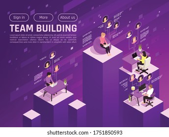 Online Virtual Team Building Isometric Background With Clickable Buttons And Platforms With Human Characters Working Remotely Vector Illustration