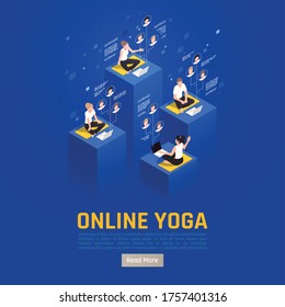 Online Virtual Team Building Isometric Background With Read More Button And Editable Text With Meditating People Vector Illustration