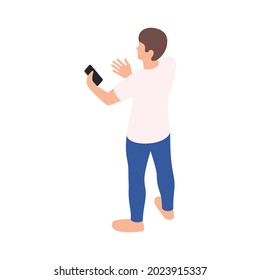 Online virtual team building isometric composition with standing male character holding smartphone in hand vector illustration