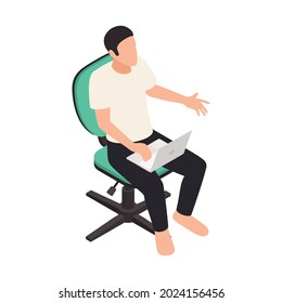 Online Virtual Team Building Isometric Composition With Man Sitting In Chair With Laptop Vector Illustration