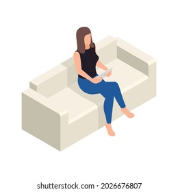 Online Virtual Team Building Isometric Composition With Woman Sitting On Sofa Holding Tablet Vector Illustration