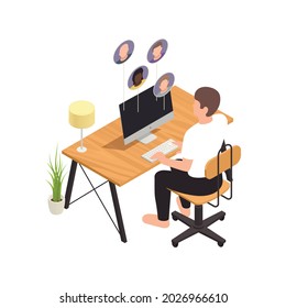 Online virtual team building isometric composition with male worker sitting at computer table with coworker avatars vector illustration