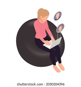 Online virtual team building isometric composition with woman in soft chair with coworker avatars in laptop vector illustration