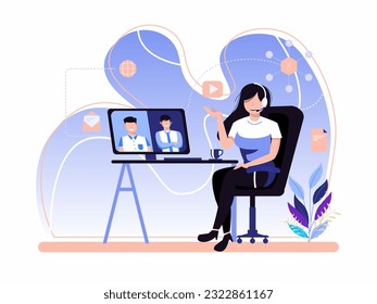 Online virtual video meeting. woman chatting with friends in a group through a monitor. Vector illustrations for video conferencing, podcasts, technology concepts.