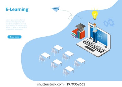 Online virtual video tutorials on computer. Isometric view. Idea for online education, e learning for new skills, webinar and internet classroom.