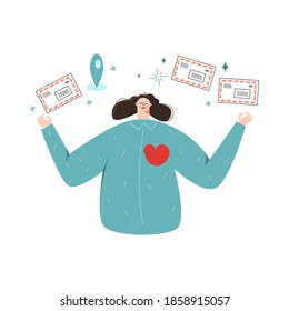 Online, virtual volunteer service concept. Girl sends greeting cards to people in need. Charity, social work, caring for community, aid for people. Flat vector cartoon illustration isolated on white