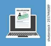 online visa application form with green approved stamp, distant embassy visit, internet service for immigration or emigration