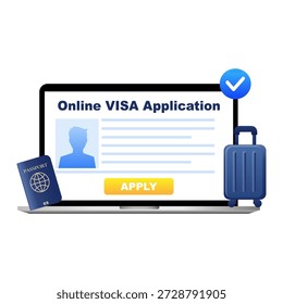 Formulário de solicitação de visto on-line no conceito de documento de viagem para laptop. Ilustração vetorial