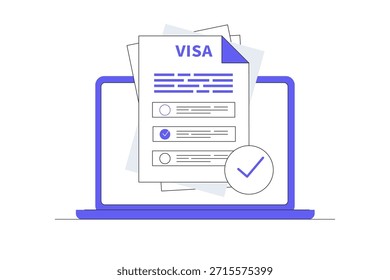 Aprobación de visa en línea. Dispositivo digital que muestra el documento de viaje aprobado con sello, autorización electrónica para viajes al extranjero y permisos de viaje internacionales. Ilustración vectorial plana de la historieta, icono Web elegante de la página de aterrizaje del diseño abstracto