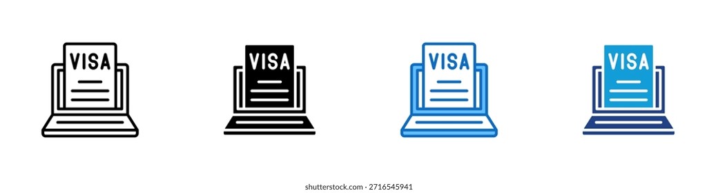 Vector de diseño de íconos de estilo múltiple de visa en línea: computadora portátil que muestra un documento de visa que simboliza la solicitud de visa digital y la autorización de viaje internacional