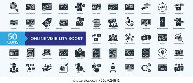 Online visibility boost icon collection set with search optimization, digital marketing, keyword research,web analytics, influencer marketing