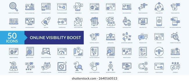 Online visibility boost icon collection set with search optimization, digital marketing, keyword research,web analytics, influencer marketing