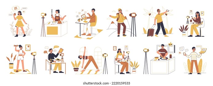 Online vloggers and bloggers, food, beauty and travel blogs. Flat internet content makers, social media photo and video creators flat vector symbols illustration set. Streaming bloggers collection