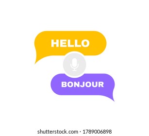 Traductor de lenguaje de voz en línea. Traducción de burbujas de chat para los mejores idiomas de comunicación o aprendizaje. Diseño de logotipo. Ilustración vectorial.