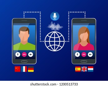 Online voice translator and learning languages concept. E-learning, translate languages or audio guide. Artificial Intelligence chatbot translator.