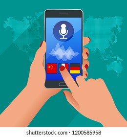 Online voice translator and learning languages concept. E-learning, translate languages or audio guide. Artificial Intelligence chatbot translator.