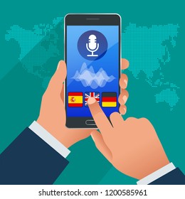 Online voice translator and learning languages concept. E-learning, translate languages or audio guide. Artificial Intelligence chatbot translator.