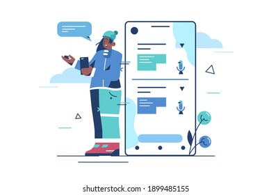 Online voice translator vector illustration. E-learning, translate languages or audio guide. Artificial intelligence chatbot translator. Woman with smartphone. Learning languages concept