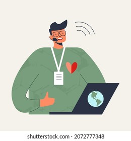 Online volunteer service concept. Virtual mentoring, companionship, tutoring, support and aid for people. Young man - distance social worker. Flat vector cartoon illustration isolated on background