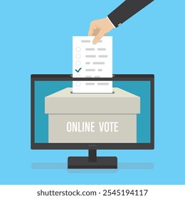 Conceito de votação online. Urna na tela do monitor. Referendo eletrônico, histórico eleitoral. Mão segurando a cédula de papel. Votação remota e de tecnologia, tela e inovação. Ilustração vetorial