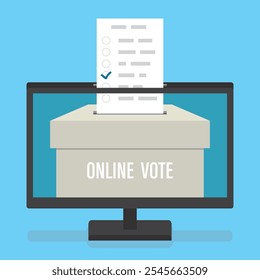 Conceito de votação online. Urna na tela do monitor. Referendo ou contexto eleitoral. Votação eletrônica. Remoto e tecnologia, voto de inovação. Ilustração de vetor plano