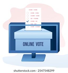 Conceito de votação online. Urna na tela do monitor. Referendo ou contexto eleitoral. Votação eletrônica. Remoto e tecnologia, voto de inovação. Ilustração de vetor na moda