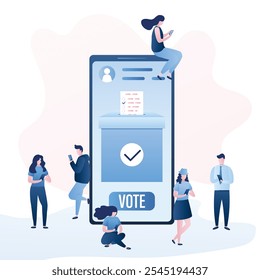 Conceito de votação online. Grupo de pessoas usa celulares para votar. Grande smartphone e urna na tela. Referendo ou eleição. Votação eletrônica e vários caracteres. ilustração vetor plana