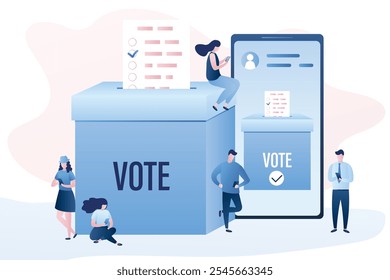 Conceito de votação online. Um grupo de pessoas usa celulares. Grande Smartphone e urna. Referendo ou contexto eleitoral. Voto eletrônico e vários personagens em estilo moderno. Ilustração vetorial