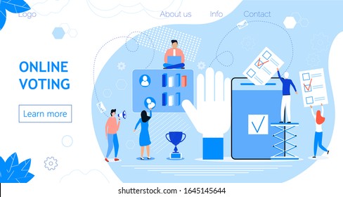 Online vote, electronic elections concept vector. Tiny voter is holding list newsletter under voting box. Political competition of candidates for president, senators.