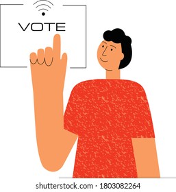 Votación en línea, encuesta electrónica. El hombre a pulsar el botón. Ilustración de material vectorial plano aislado sobre fondo blanco para el diseño web. EPS10
