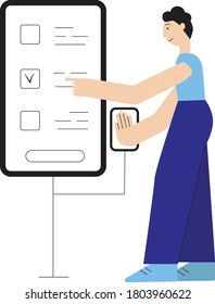 Votación en línea, encuesta electrónica. Hombre pulsando a mano. Ilustración de material vectorial plano aislado sobre fondo blanco para el diseño web.