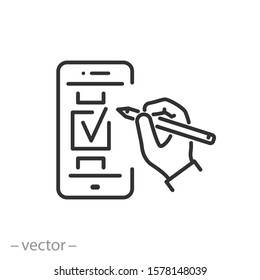 online vote icon, survey list in mobile phone, checklist form, quiz, thin line web symbol on white background - editable stroke vector illustration eps 10